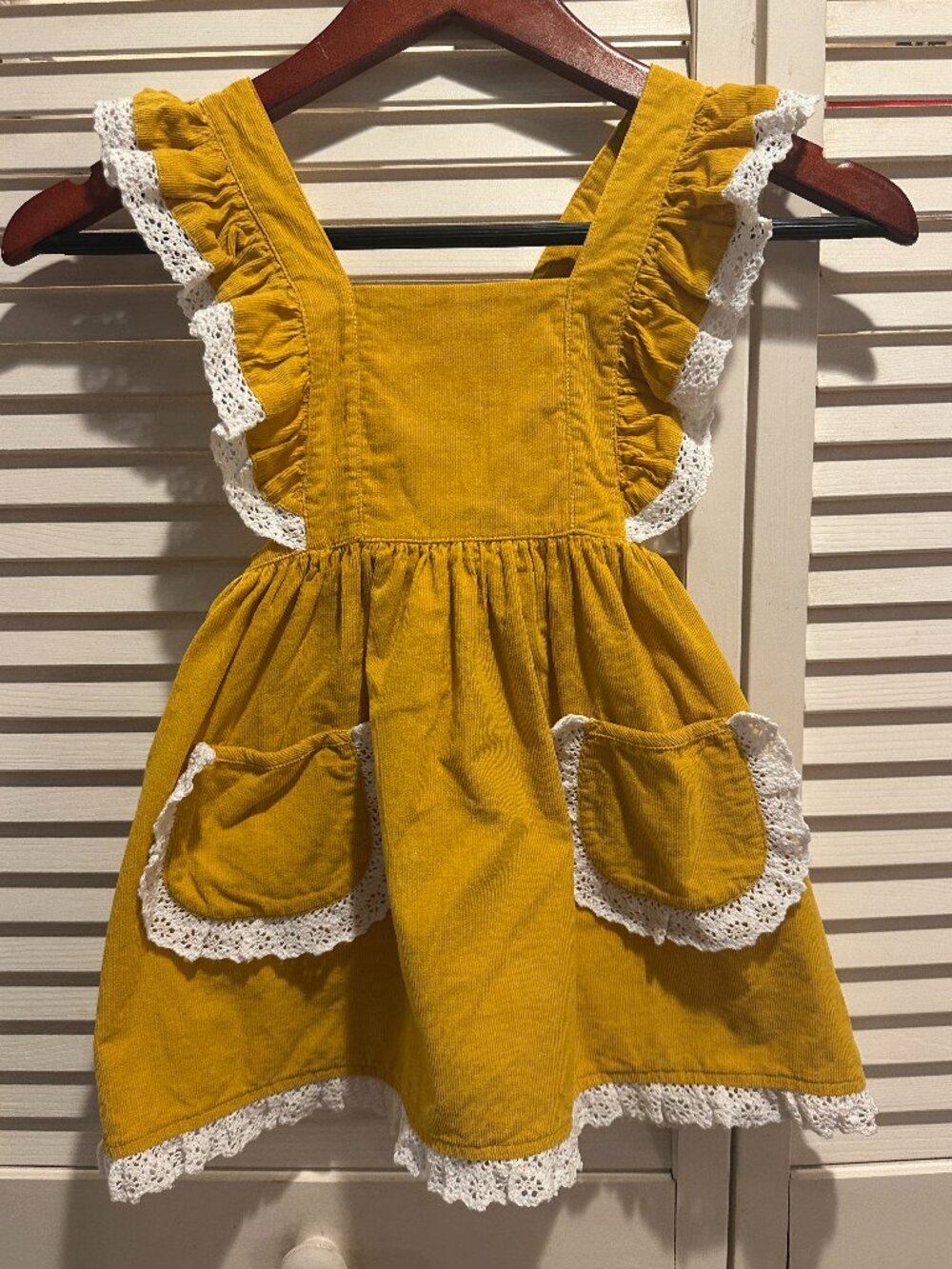 Shrimp & Grits Kids 3T Mustard Corduroy Pinafore Dress Lace Cottagecore